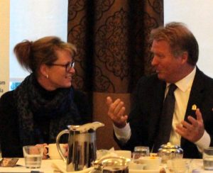 Sooke CAO Teresa Sullivan chatted with Langford Mayor Stew Young at Sooke Chamber breakfast Jan 25. ~ Photo: West Shore Voice News
