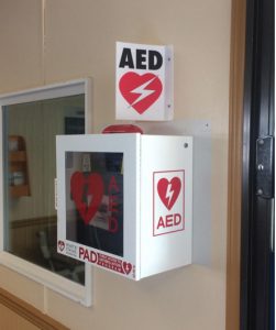 The new AED installed in the waiting room at Long Harbour terminal. {Photo by BC Ferries]
