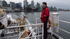 Prime Minister Justin Trudeau toured a tugboat in the Burrard Inlet and took a brief ride in English Bay. Photo by CTV News.