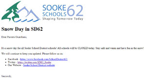 SD62: Monday February 11 is a snow day SD62, snow day, Langford, Colwood, Sooke, west shore