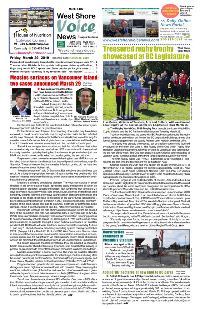 West Shore Voice News, measles, rugby trophy