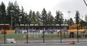 Purple and white installed at Westhills Stadium Pacific FC, seating, PFC, Westshills Stadium