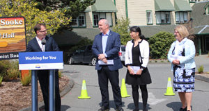 Two new doctors and more office space for existing Sooke medical clinic Health Minister Adrian Dix, Premier John Horgan, Sooke Mayor Maja Tait, Island Health CEO Kathy McNeil