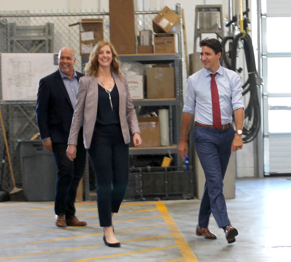 Premier John Horgan, BC Transit CEO Erinn Pinkerton, Prime Minister Justin Trudeau, July 2019, Victoria