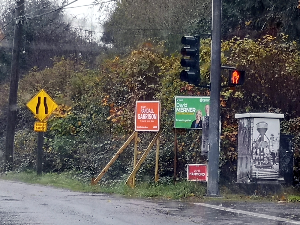 campaign signage, Esquimalt-Saanich-Sooke, Garrison, Merner, Hammond