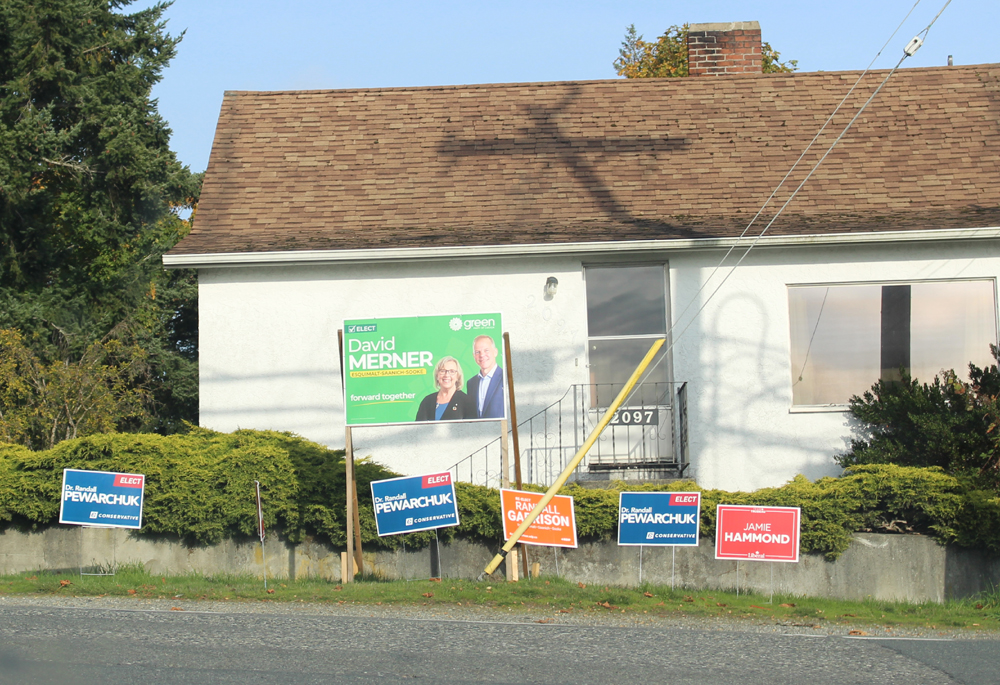 election campaign signs, Esquimalt-Saanich-Sooke, David Merner, Green Party