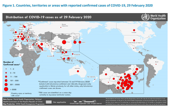 confirmed cases of COVID-19, map, February 29 2020, WHO