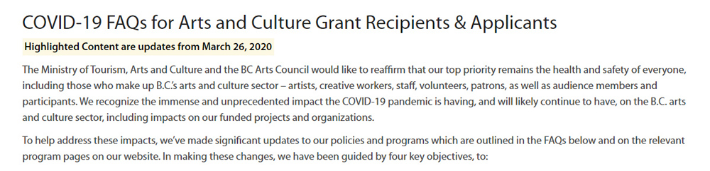 BC Arts Grant fund during COVID-19 
