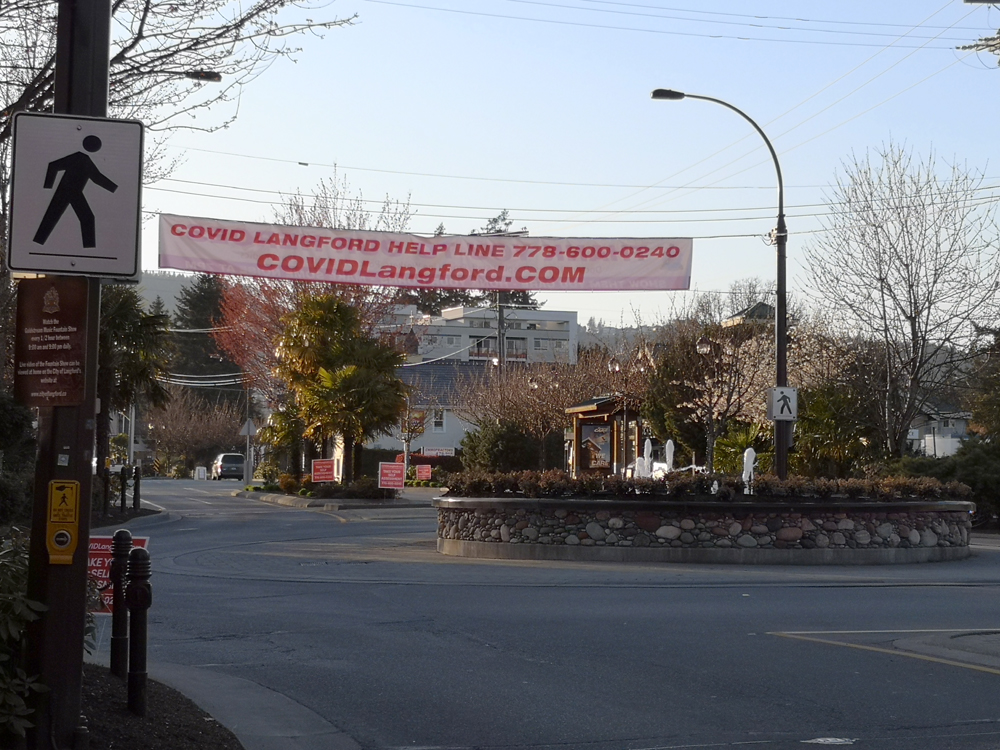 COVID-Langford banner, Goldstream Avenue, April 2020