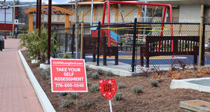 Reminders everywhere: COVID-19 Langford COVID-19, take self assessment, Langford