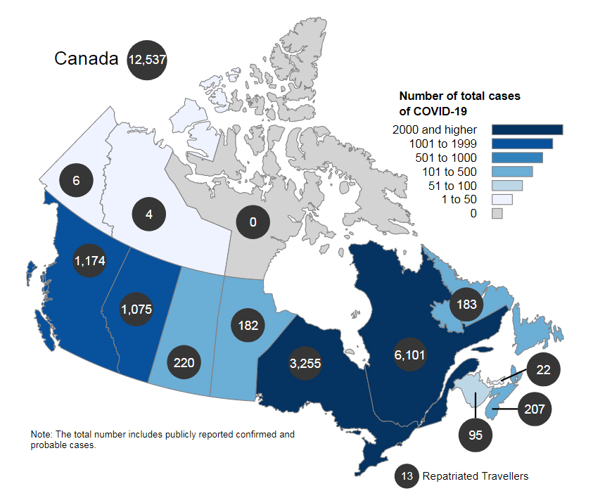 COVID-19, cases in Canada, April 3, 2020