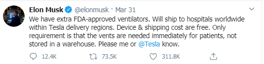 Elon Musk, Twitter, March 31, free ventilators