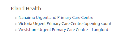 urgent and primary care centers, BC, island health