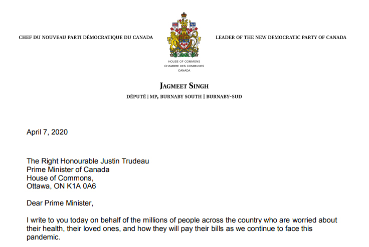 Letter to Prime Minister Trudeau, from NDP Leader Singh