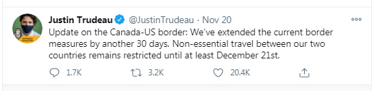 Trudeau, Tweet, border closure