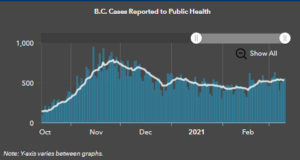 COVID cases stubbornly high as people get back to regular lives COVID cases, graph, Oct 2020 to March 2021