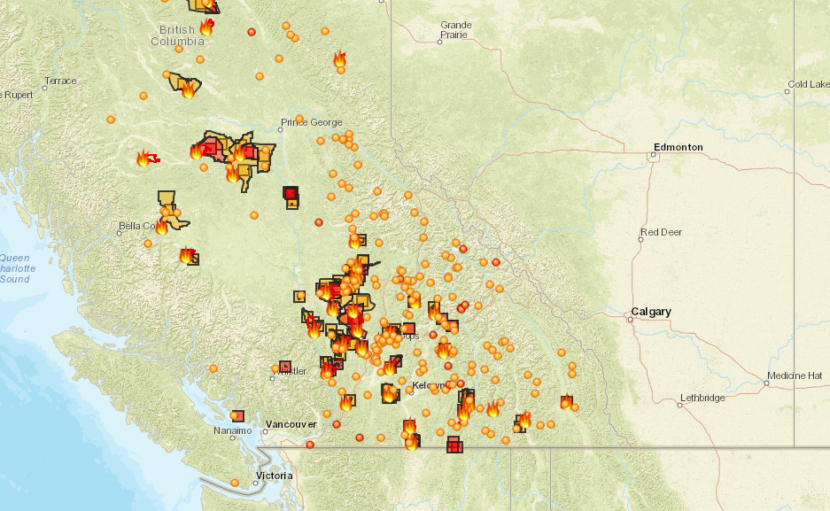 active wildfires, map