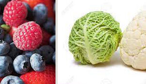 blueberries, cabbage, fruit, veggies