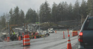 Progress grinding along in Hwy 14 construction zone wet roads, construction zone, hwy 14