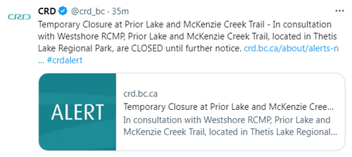 crd, twitter, alert, prior lake, thetis lake park
