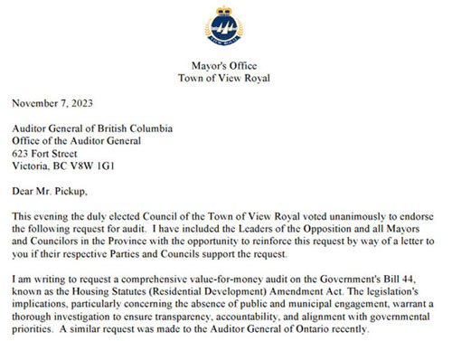 view royal, letter, auditor general