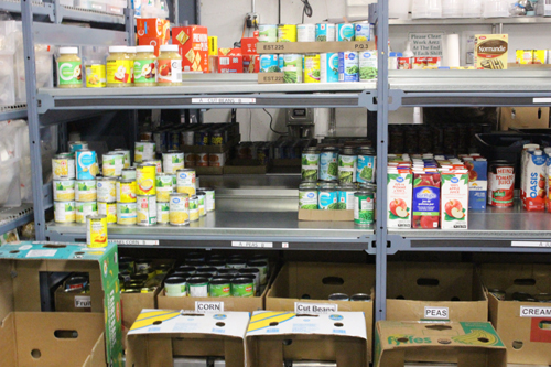 food bank, shelves, canned food, beans