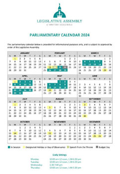 bc legislature, calendar, 2024