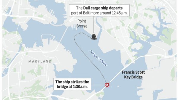map, baltimore, bridge, ship, crash