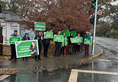 BC Greens, waving signs, saanich