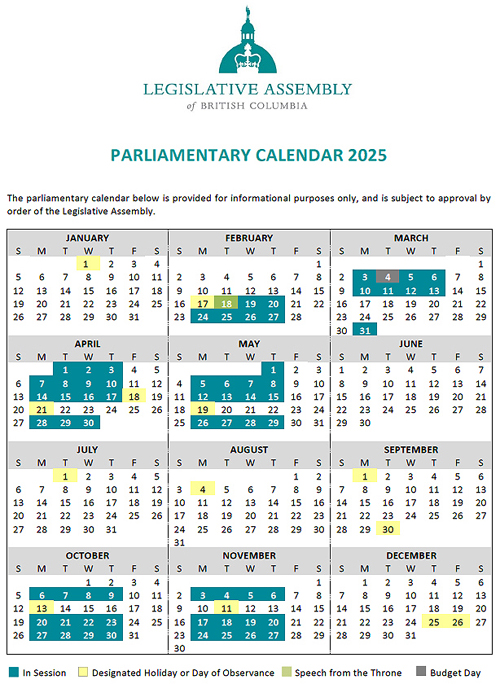 bc legislative assembly, sitting calendar 2025