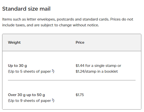 standard mail, letter mail, canada post