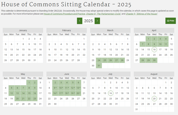 house of commons, sitting calendar, 2025