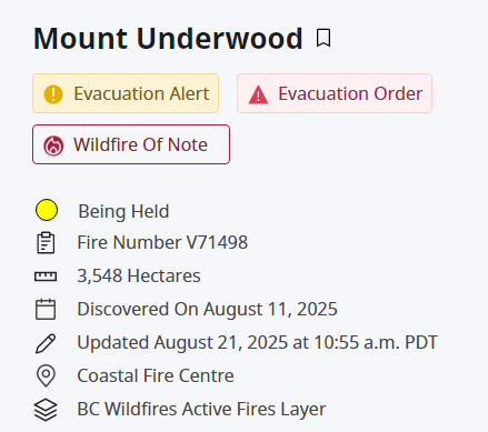 Mount Underwood Wildfire. aug 21