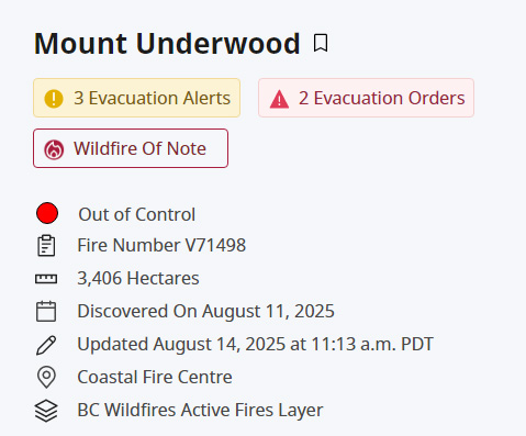 Underwood wildfire, August 14