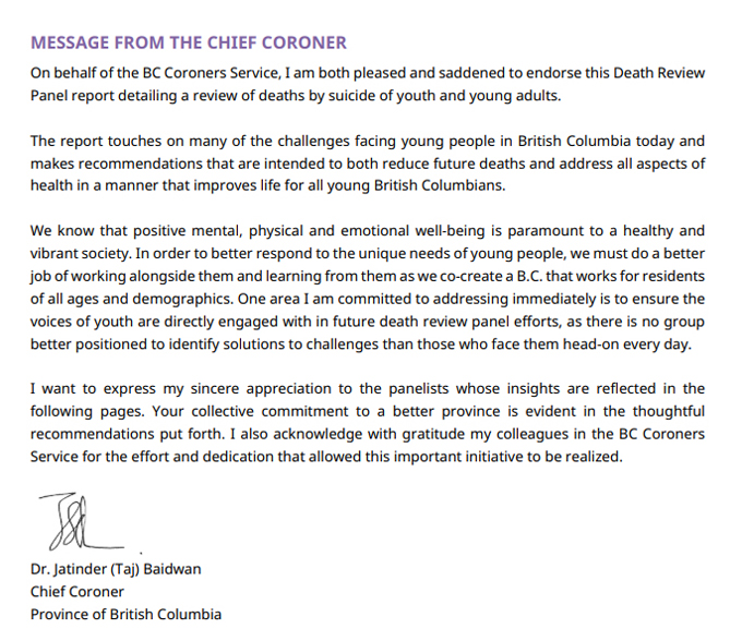 chief coroner, message, suicide