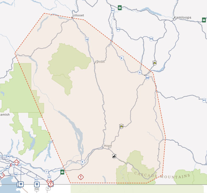 map, highways, bc interior, flooding