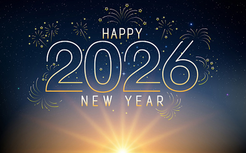 HappyNewYEar2026-wordmark-sunsetfireworks happy new year, 2026, sunrise