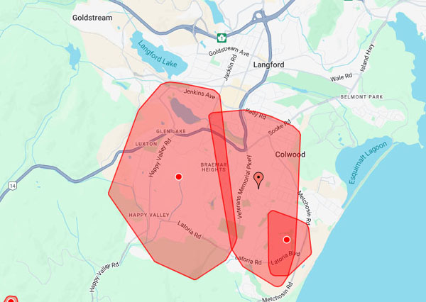 power outage, Langford, happy valley, colwood