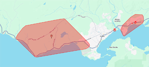 Windstorm power outages in Sooke map, sooke, power outage