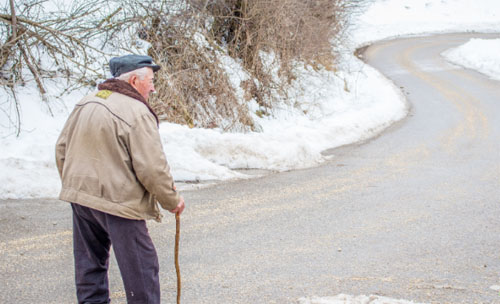 man, senior, snow, safety, cane